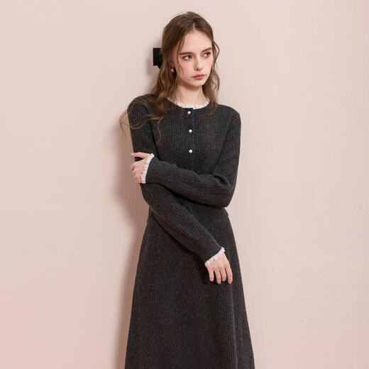 Sancai 2025 new winter knitted suit lace splicing wool sweater skirt two-piece set M