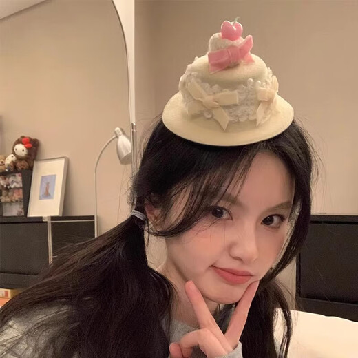 Cute bow cake birthday hat hairpin female photo props hair accessories side duckbill clip small top hat headdress beige birthday small hat hairpin