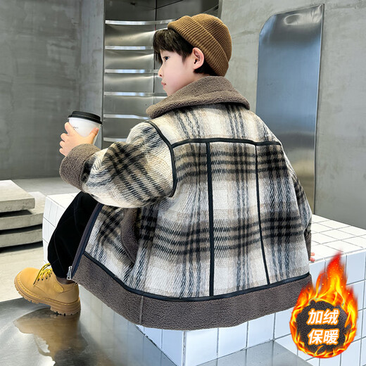 Monkey Brother Boy's Velvet Jacket Autumn and Winter Clothing Medium and Large Children's Western Style Mid-Length Woolen Coat Boys' Winter Clothing Thickened Top Picture Color 150