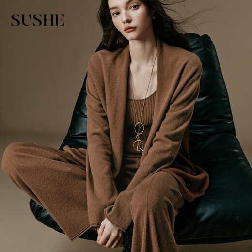 SUSHE static tailoring French elegance 100 wool U-neck suspender cardigan knitted wide-leg pants suit autumn Zhu Shili M