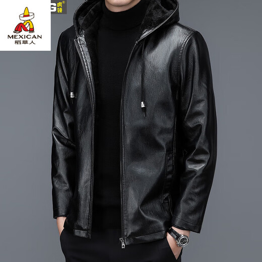 Scarecrow (MEXICAN) autumn and winter middle-aged and elderly leather jacket hooded men's leather jacket large size loose casual dad wear velvet thickened jacket 105 black 3XL 185170-190Jin Jin is equal to 0.5 kg