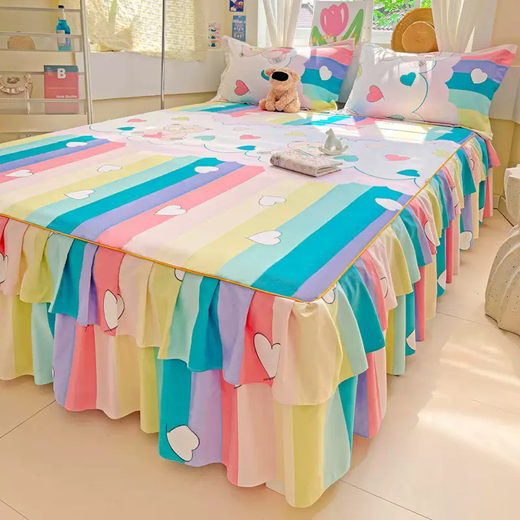 Yusenyi thickened pure cotton bed skirt single piece simple style double cotton fitted sheet cover with skirt bed cover bed apron cover blueberry cheese 120x200cm (bed skirt-pillowcase pair)