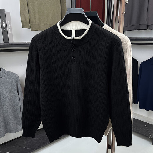 Playboy cleanfit henley collar sweater men's autumn and winter loose inner sweater lazy style fake two-piece off-white L