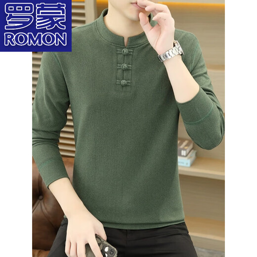 ROMON 100% cotton stand-up collar long-sleeved T-shirt men's Chinese style Henry collar polo shirt with button inside German velvet bottoming shirt 8806 Gray 2XL