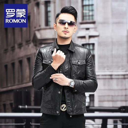 ROMON autumn and winter new leather jacket men's short casual leather jacket lapel motorcycle fashion leather jacket single leather model 4XL 190 suitable for 165-180Jin Jin equals 0.5 kg