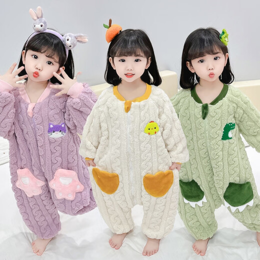 Snoopy (SNOOPY) children's one-piece pajamas for girls, flannel, autumn and winter for boys and girls, thickened coral velvet baby anti-kicking quilt sleeping bag, purple - twist velvet 80cm, recommended 75-85cm
