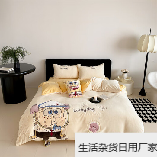 Spongebob cartoon style cute soft lamb velvet + milk velvet four-piece winter thickened warm bedding milk velvet-SpongeBob SquarePants bed sheet 1.5m (quilt cover 200*230cm)