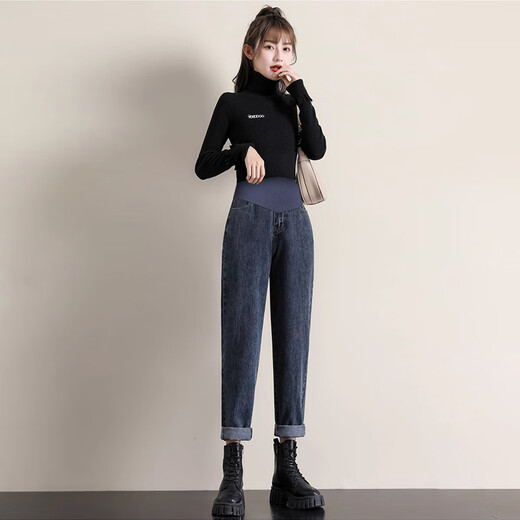 Jeans de maternidad de conejo crema Primavera y otoño 2025 Nuevo estilo de pantalones de papá de pierna recta cable informal Pantalones Harrento Harrento Denning Blue L [sugerido 105-130Jin [Jin iguala 0.5 kg]]]