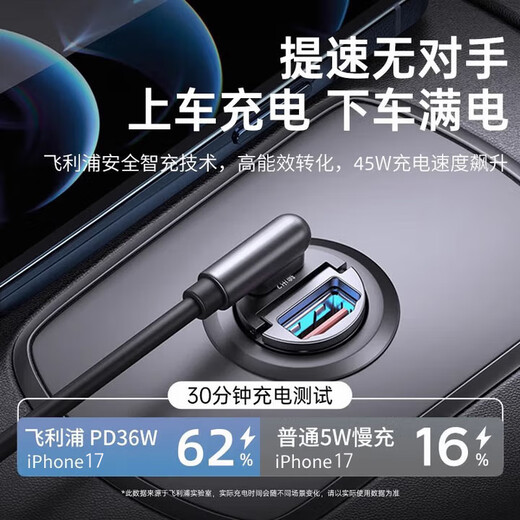 Philips Car Charger Apple 17/16 Huawei Super Fast Charging Cigarette Lighter One to Two Car Charger PD Stealth Charger Car Charging Adapter 4316 Black