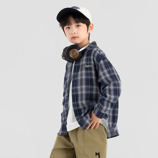 Duojia salt-style literary style boys' shirts 2025 autumn handsome and refreshing small blue checkered long-sleeved children's cotton tops blue checkered 130