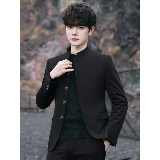ROMON new style Chinese tunic suit suit men's trendy handsome slim Chinese stand collar performance wedding Tang suit jacket youth black top (single top) XL