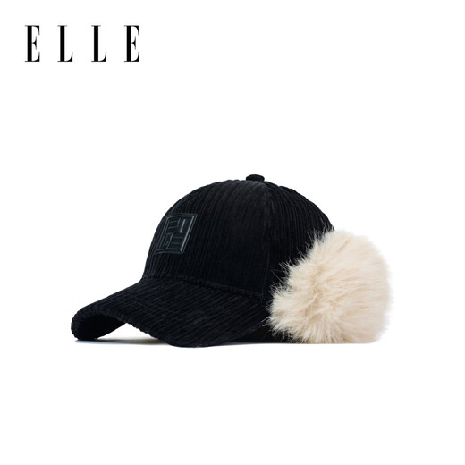ELLE corduroy plus velvet thickened ear protection baseball cap for women autumn and winter warm peaked cap fashionable and versatile classic black adjustable (56-58cm)