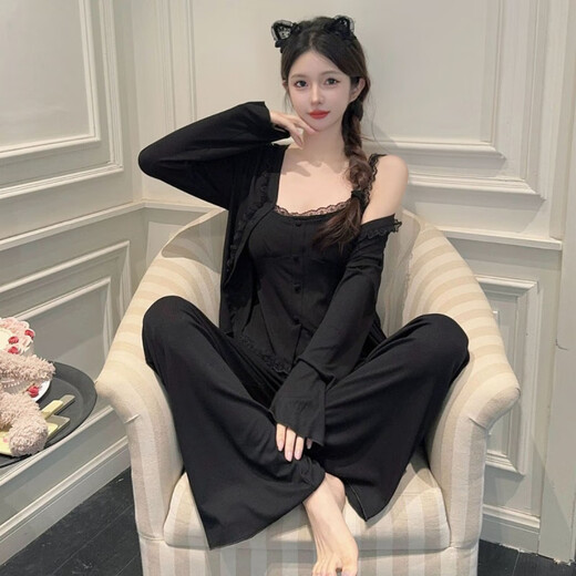 Modal 2025 spring and autumn new Modal cotton pajamas for women's suspender long-sleeved three-piece set fairy style home clothing internet celebrity gray (7374) M