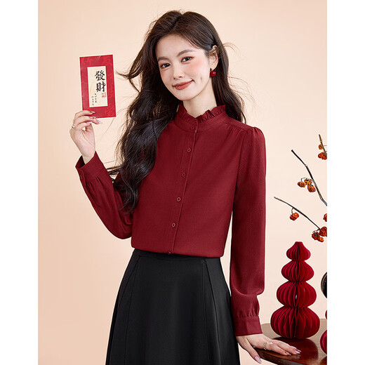 Lost Time Wooden Ears Small Stand Collar 25 Winter Design Style Niche Age-Reducing Petite Women's Shirt 11 Red S