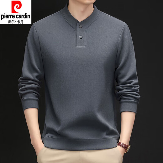 Pierre Cardin high-end winter middle-aged men's casual stand-up collar sweatshirt solid color German velvet thickened top two-button T-shirt base layer coffee color XL 130-150Jin Jin equals 0.5 kg