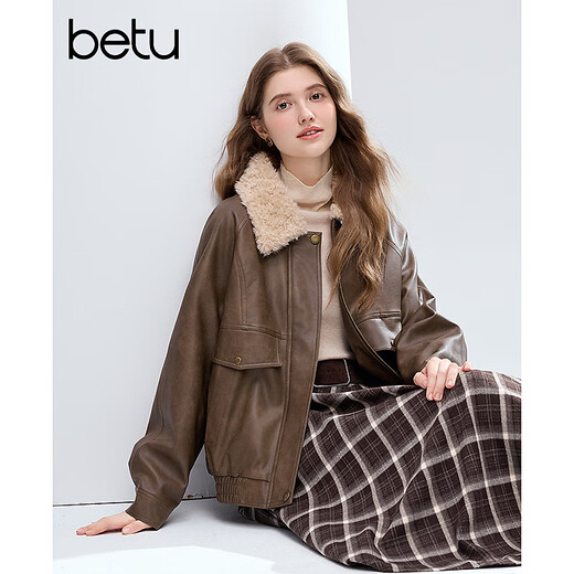 Betu Women's 2025 Winter New Short Jacket Particle Lapel Eco-Friendly PU Leather Trendy Jacket Women 2511T33 Brown L