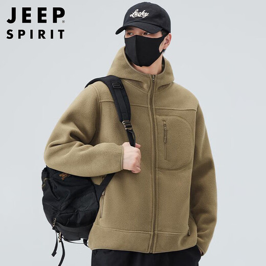 JEEP SPIRIT Jeep jacket men's autumn and winter trendy loose double-sided polar fleece hooded jacket men's top Khaki XL