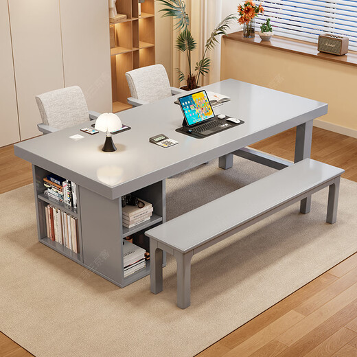 Huixun solid wood large board table living room long desk bookcase combination home dining table integrated workbench multi-person reading and study table walnut color #big board table 140cm*80cm*75cm desktop thickness 6.5cm