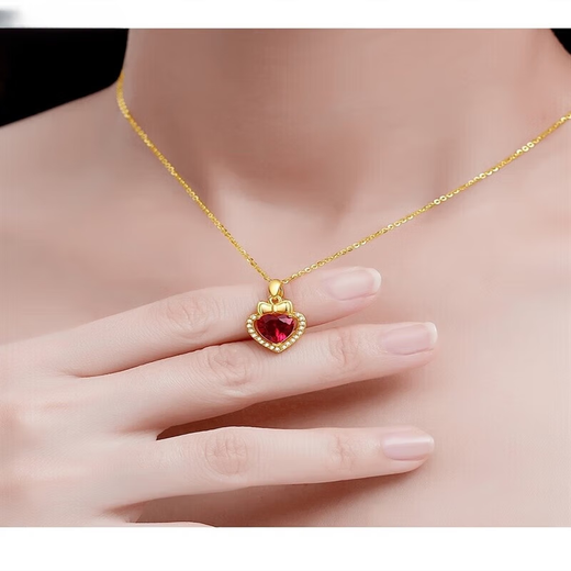 Beimixing Love Ruby Pendant Chain Necklace for Women 18k Gold Plated Titanium Steel Design Fashion Birthday Gift