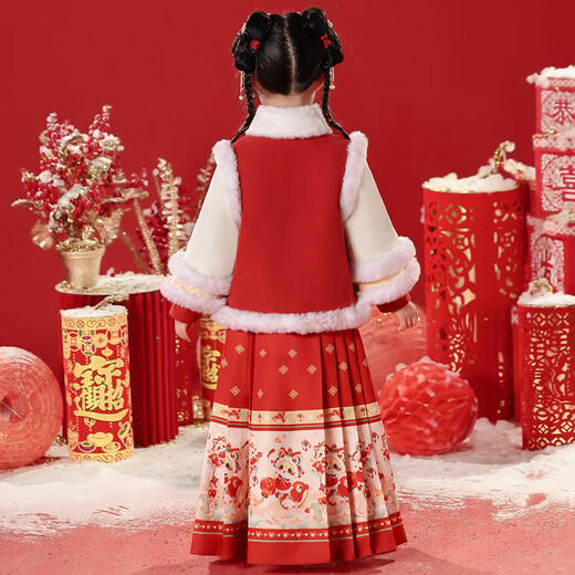 Nisha Beier Girls Hanfu Chinese Style Winter Clothes Horse Face Skirt Set 2025 New Costume Children's Year of the Snake Red 120