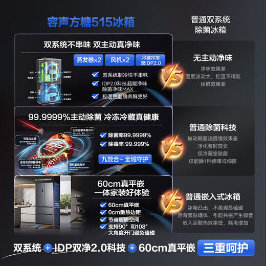 Rongsheng Cube 515L French Multi-door Refrigerator Dual System Dual Cycle Active Sterilization Ultra-Thin Zero Embedded Household Level One Energy Efficiency BCD-515P60FZMAD Gray National Subsidy World Cup 60cm True Zero Embedded Bottom Cooling Active Sterilization 2.0