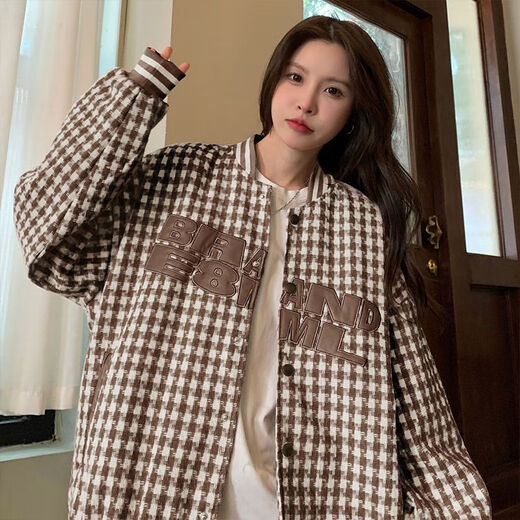 Hanyu Jacket Women's Spring and Autumn Versatile 2023 Spring Trendy Brand Slanted LOGO Baseball Jacket National Fashion Street Houndstooth Brown Woolen Fabric, Full Craftsmanship Embroidery S 75-90Jin Jin is equal to 0.5 kg