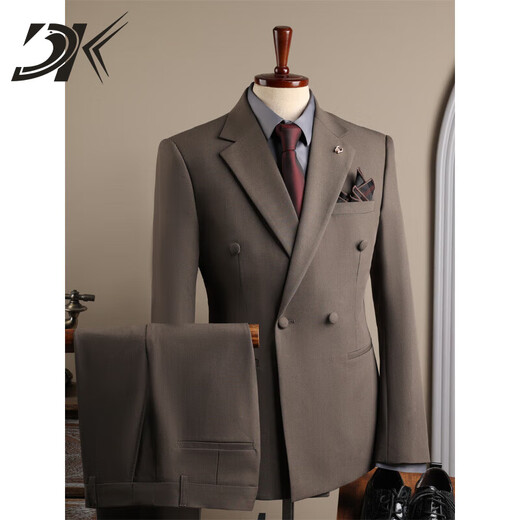 DK high-end men's suit suit men's double-breasted jacket casual business formal wear groomsman wedding suit two-piece brown (suit + trousers) 3XL 56 (145-158Jin Jin equals 0.5 kg)