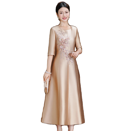 Seasonal champagne color grandma's dress autumn and winter new mother's wedding wedding banquet elegant mid-length dress 3 champagne gold 8010 M (90Jin Jin is equal to less than 0.5 kg)