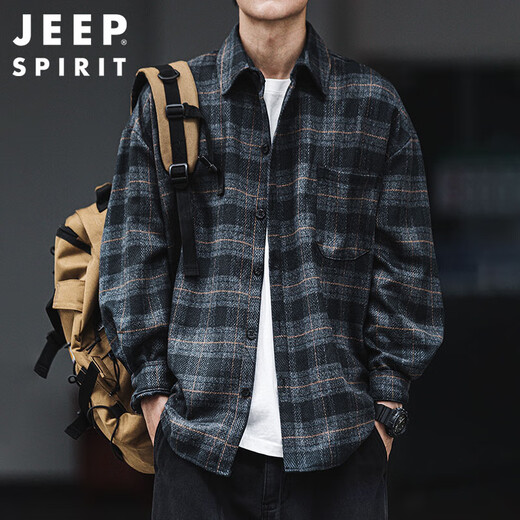 JEEP SPIRIT Jeep brushed thickened plaid shirt men's autumn and winter workwear long-sleeved shirt casual jacket dark gray 2XL