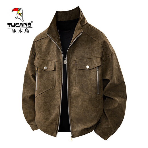 Woodpecker Jacket Men's Single Casual Jacket Trendy Slim Handsome Youth Autumn and Winter Fashion Motorcycle Leather Jacket Men's Brown 2XL