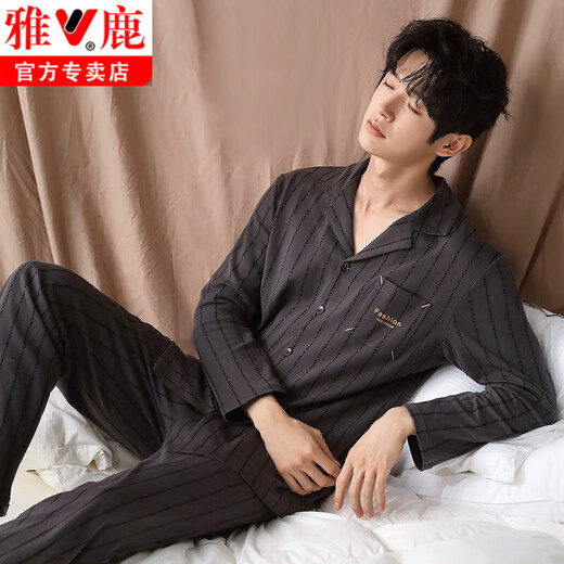 
Yalu 100% pure cotton pajamas men's autumn cardigan long sleeves trousers spring and autumn style teenagers large size home clothing set L12213 L (170)