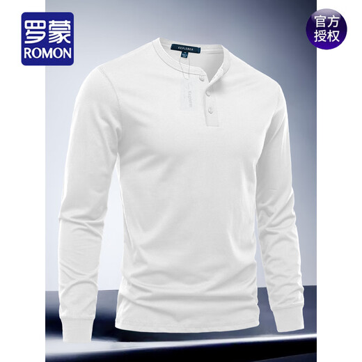 ROMON Men's Henry Collar Long Sleeve T-shirt Round Neck 2025 Spring and Autumn New Cotton Comfortable Versatile Top Trendy Bottoming Shirt White S Weight 90~120Jin Jin is equal to 0.5 kg