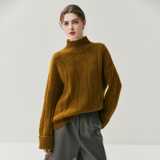 Mushi Cashmere Sweater Women's Half Turtleneck Sweater Women's Winter Cable Striped Knit Sweater Loose Pullover Bottoming Shirt RC25145 Cream White One Size