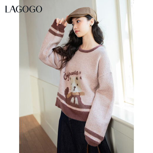 LAGOGO Cute Dog Yuexin Contrast Color Collar Mixed Pollen Sweater Women Lagogu 2025 Winter Imitation Mink Velvet Sweater Mixed Color L