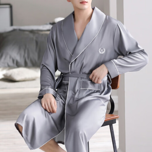 
Yalu Fashion Men's Long Sleeve Nightwear Autumn Thin Long Sleeve Imitation Silk Pajamas Men's Autumn Fashion Home Clothes Bathrobe Morning Robe 5304 L