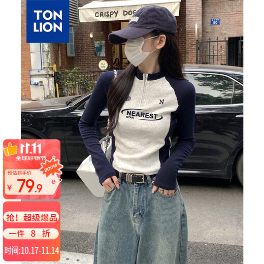 TonLion 2025 Women's Stand Collar Zipper Sleeve Splicing Long Sleeve T-Shirt Navy L