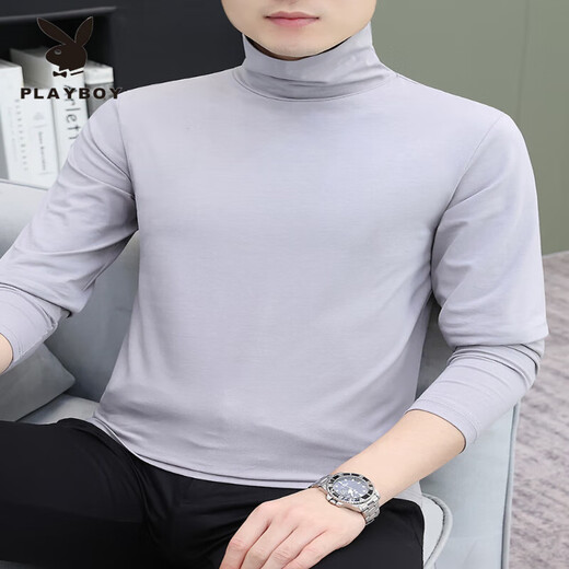 Playboy non-pilling turtleneck bottoming shirt men's pure cotton white long-sleeved T-shirt men's trendy slim-fitting mid-collar clothing inner wear M400 blue gray M Recommendation 85 to 100Jin Jin is equal to 0.5 kg