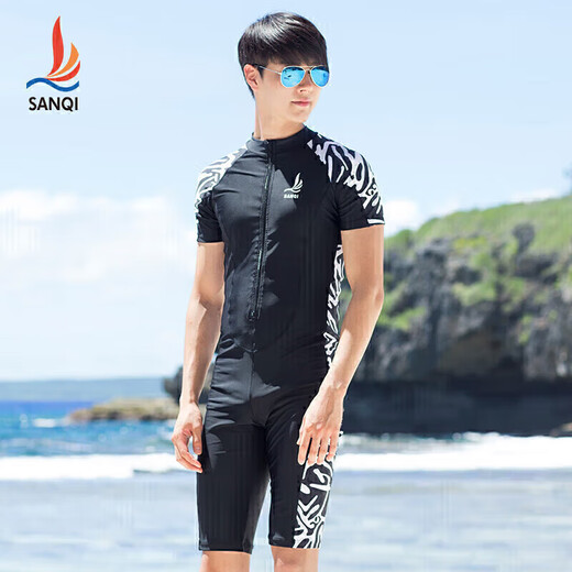 Sanqi one-piece swimsuit men's boxer long-leg pants professional competition training conservative diving large size swimwear 17090 black 2XL