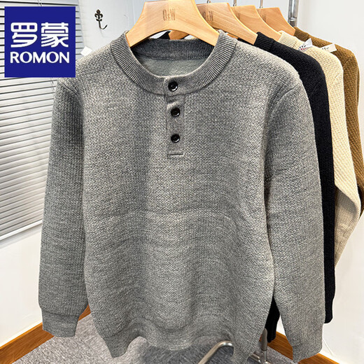 ROMON all-in-one velvet plus velvet thickened sweater men's winter middle-aged casual henley collar pullover knitted bottoming sweater to keep warm gray plus plush L 170