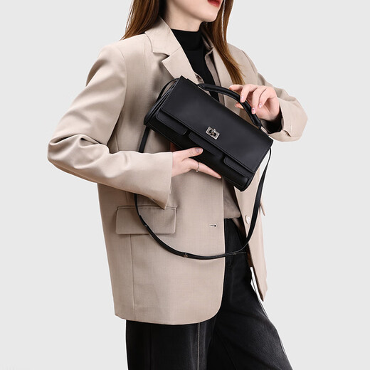 MOSPOKE light luxury brand genuine leather bag women's bag handbag horizontal small square bag lock bag baguette handbag shoulder bag oblique black gold buckle