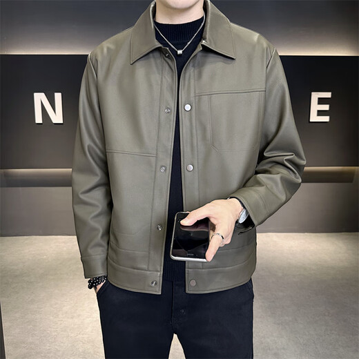 FUGUINIAO Men's Leather Jacket 2025 Autumn New Lapel Handsome Workwear Youth PU Jacket Versatile Fashion Top Black L