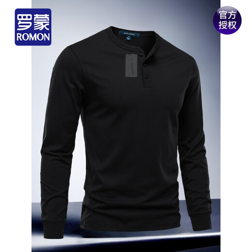 ROMON Men's Henry Collar Long Sleeve T-shirt Round Neck 2025 Spring and Autumn New Cotton Comfortable Versatile Top Trendy Bottoming Shirt White S Weight 90~120Jin Jin is equal to 0.5 kg