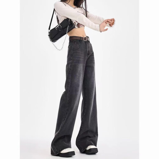Luyal black and gray wide-leg jeans for women in autumn and winter retro loose and drapey slim slim straight-leg bootcut pants for women, black and gray L