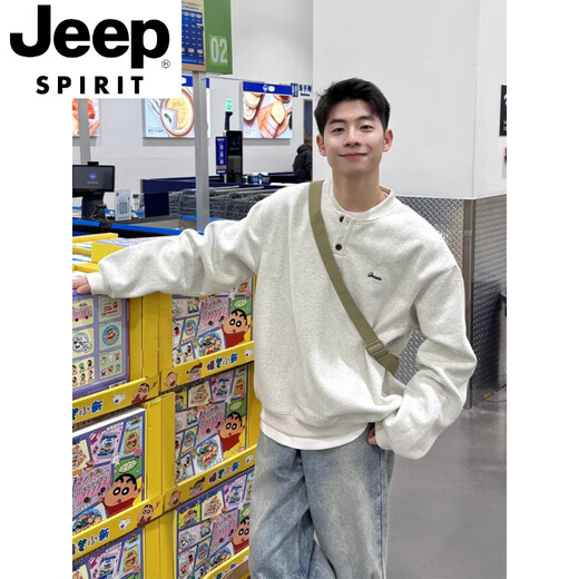 JEEP SPIRIT Henry collar sweatshirt men's spring and autumn hoodless American cleanfit bottoming shirt loose trendy long-sleeved T-shirt with spring dark gray upgraded model XL 130 to 145Jin Jin equals 0.5 kg can be worn