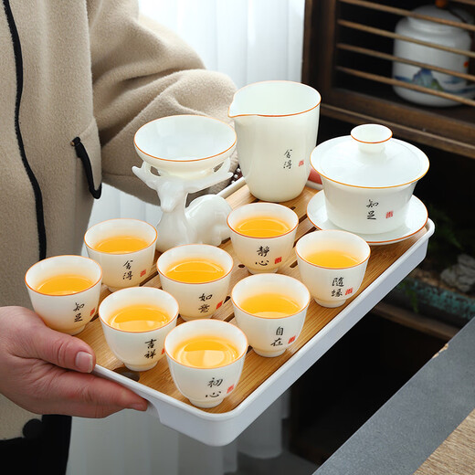 Kanglepin Kung Fu Tea Set Chinese White Mutton Fat Jade Porcelain Travel Tea Set Household Ceramic Tea Cover Bowl Tea Cup Tea Tray Mutton Fat Jade-Zen Character Travel Tea Set