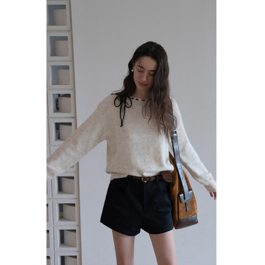 EGGKA Round Neck Rope Lace Furry Variegated Short Sweater Lazy Long Sleeve Top E25A40128AF Dark Gray One Size