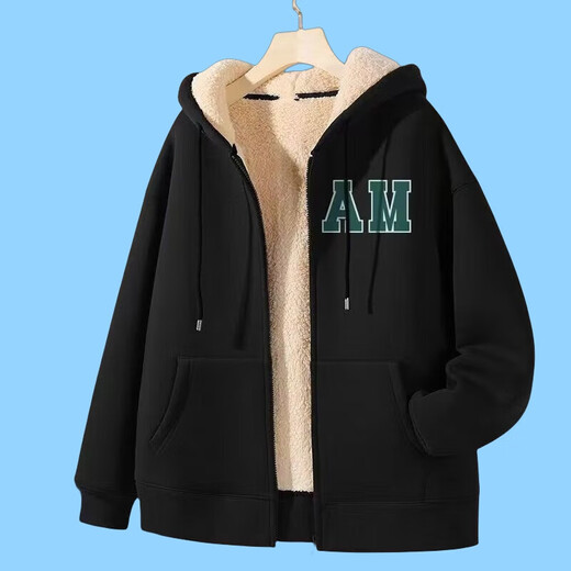 Lamb wool sweatshirt for women in autumn and winter new style plus velvet thickened warm cardigan hooded jacket lazy style loose Jiexiu A18 black L