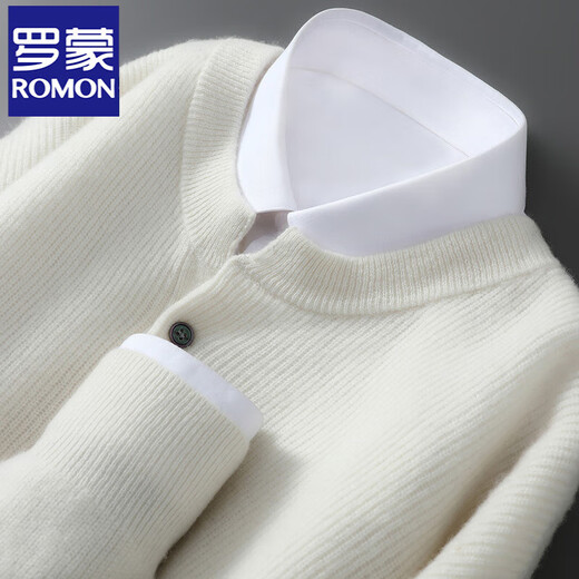 ROMON 100 pure wool sweater men's autumn and winter round neck pullover loose Henry collar sweater casual business thickened sweater white S 100-120Jin Jin equals 0.5 kg