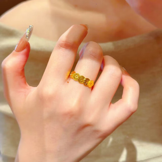 Wanke Lao Phoenix 999 New 18K Gold Five Emperors Copper Coin Ring Women's Ancient Method Opening Adjustable Imitation Money
