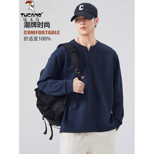 Woodpecker (TUCANO) Henry collar men's long-sleeved T-shirt autumn and winter new trendy tops plus velvet sweatshirt men's inner bottoming shirt men 3309 black XL weight 130-150Jin Jin equals 0.5 kg